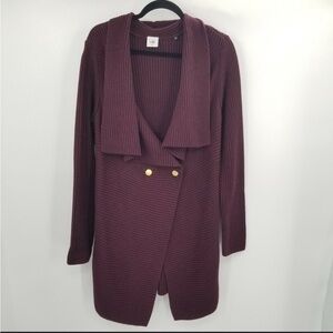 EUC CAbi Regal Longer Knit Sweater w/Drape Lapel and 2 Button Closure Mulberry